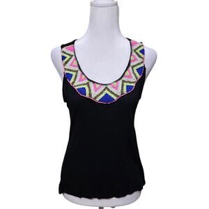 DEB Women's Black Tank Top with Beadwork Size L Y2k Boho Retro Vintage Fairy